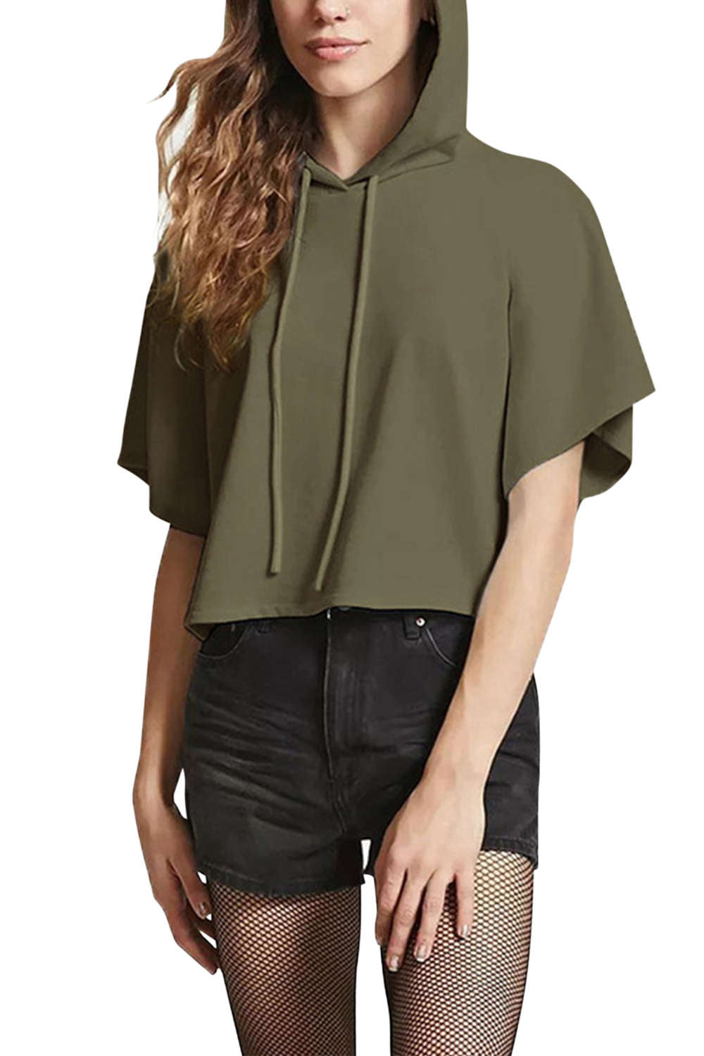  Iyasson Short Sleeves Solid Casual Drawstring Hoodie 