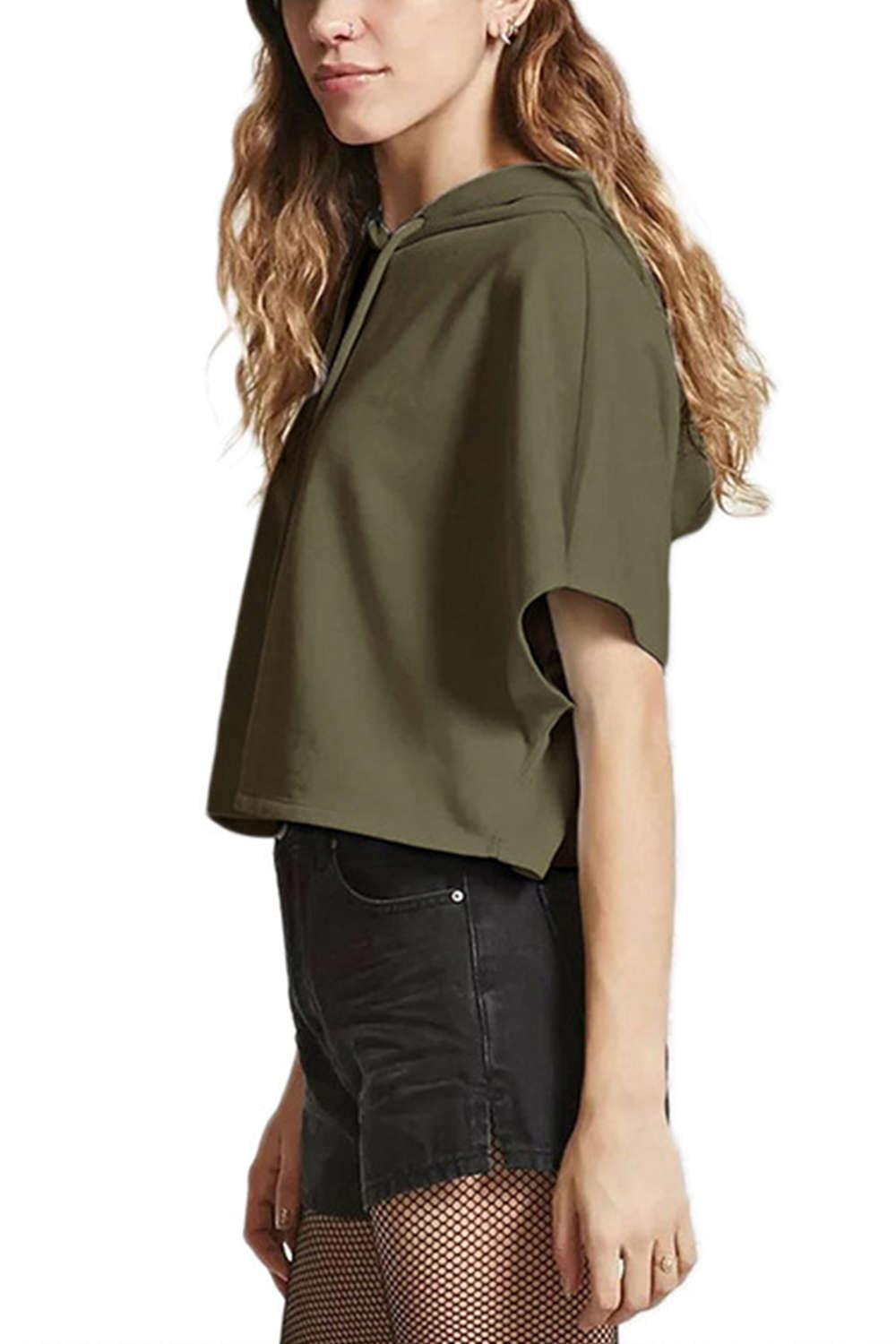  Iyasson Short Sleeves Solid Casual Drawstring Hoodie 
