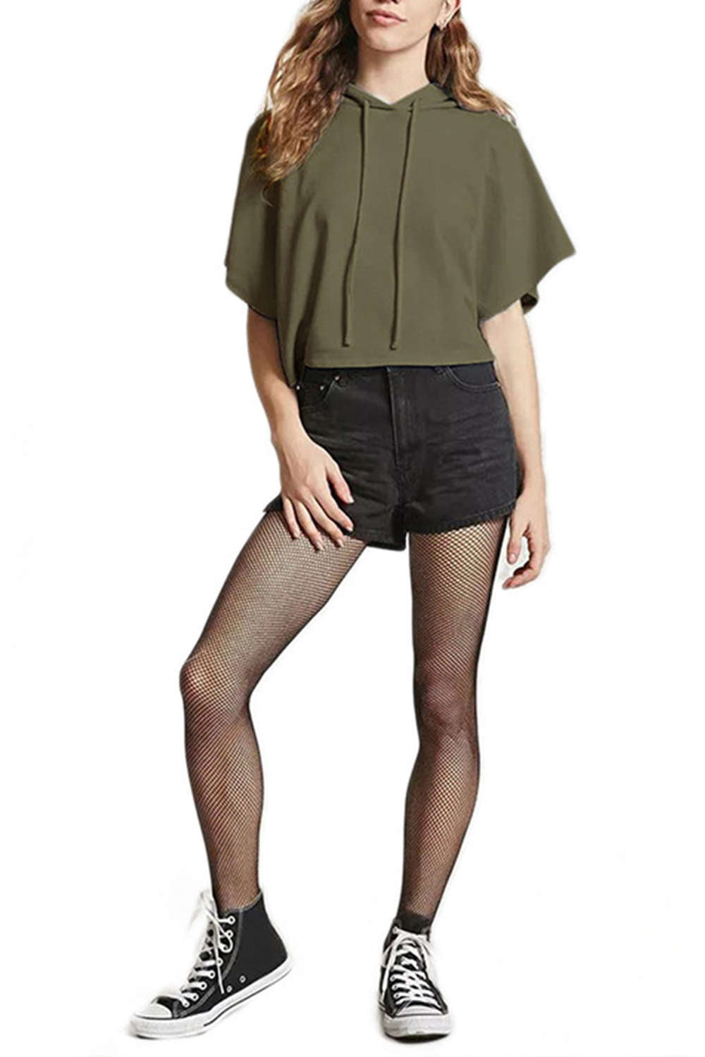  Iyasson Short Sleeves Solid Casual Drawstring Hoodie 