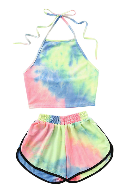 Iyasson Women's Tie-dye Halter Crop Top & Shorts