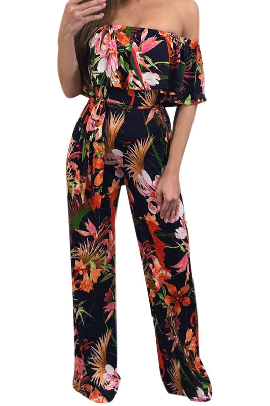 Iyasson Women Off-the-Shoulder High Waist Wide-Leg Floral Jumpsuit