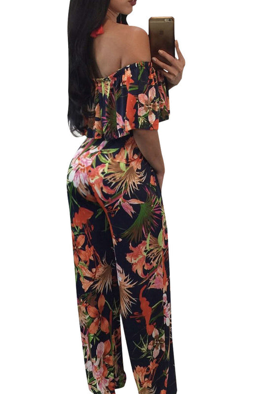 Iyasson Women Off-the-Shoulder High Waist Wide-Leg Floral Jumpsuit