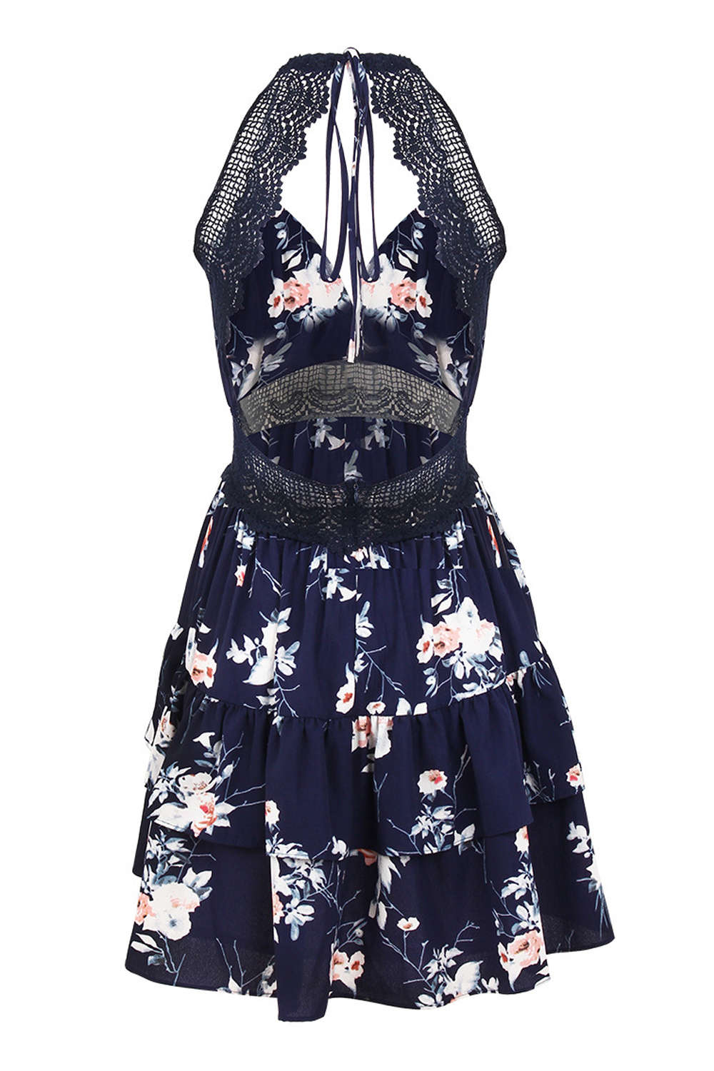 Iyasson Lace Inserts Halter Neck Floral Dress