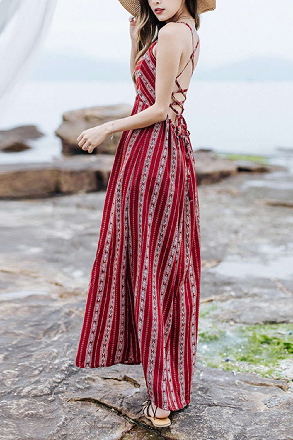 Iyasson Bohemian Stripe Beach Maxi Dress