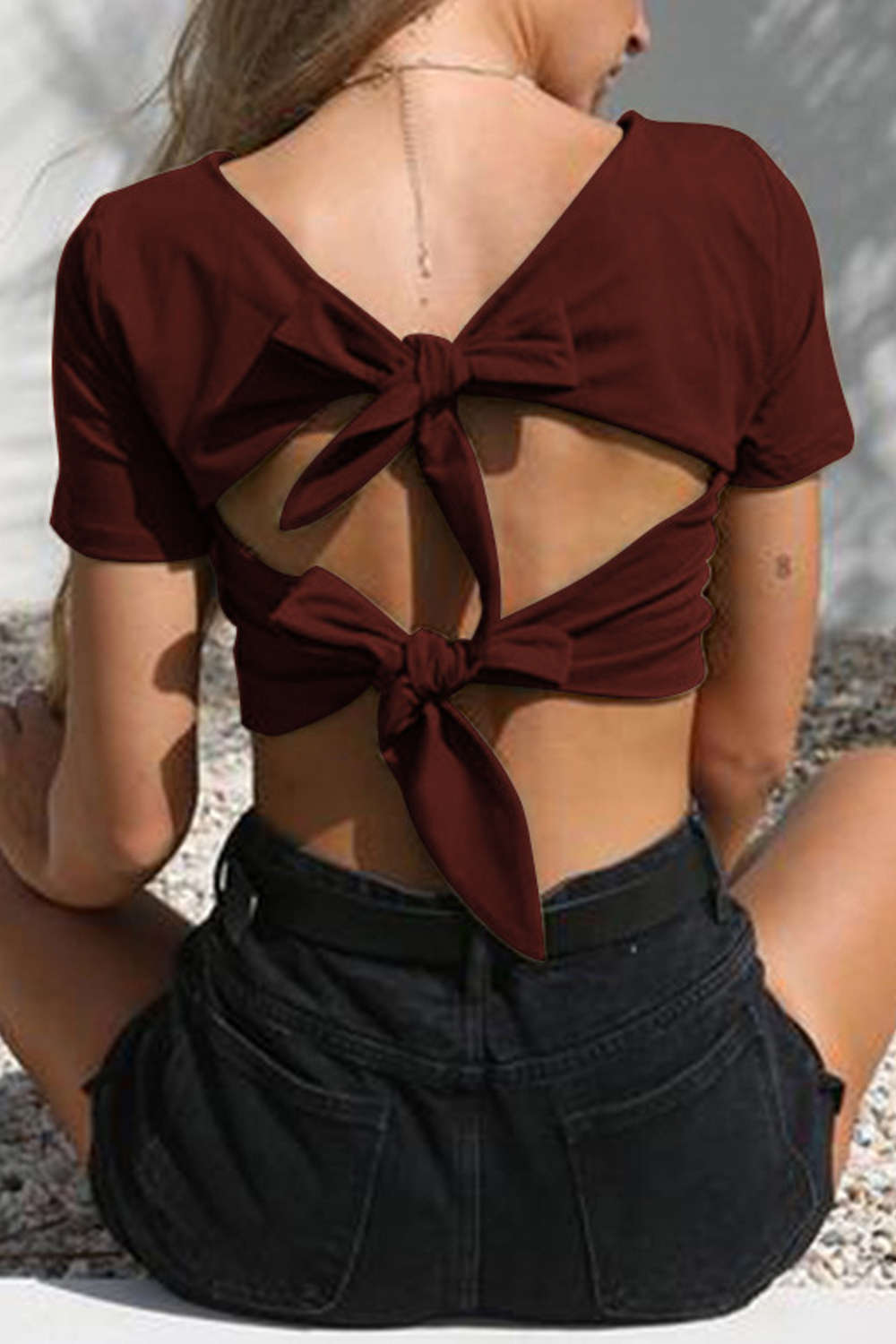 Iyasson Short Sleeve Tie Back Crop Top