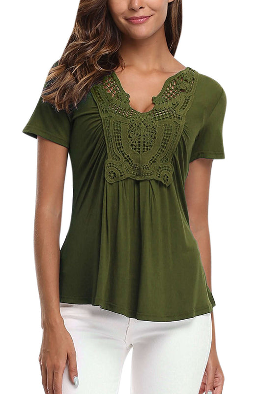 Iyasson Lace Panel V Neck Short Sleeve T Shirt