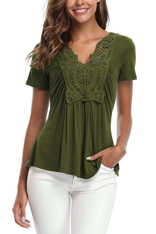 Iyasson Lace Panel V Neck Short Sleeve T Shirt