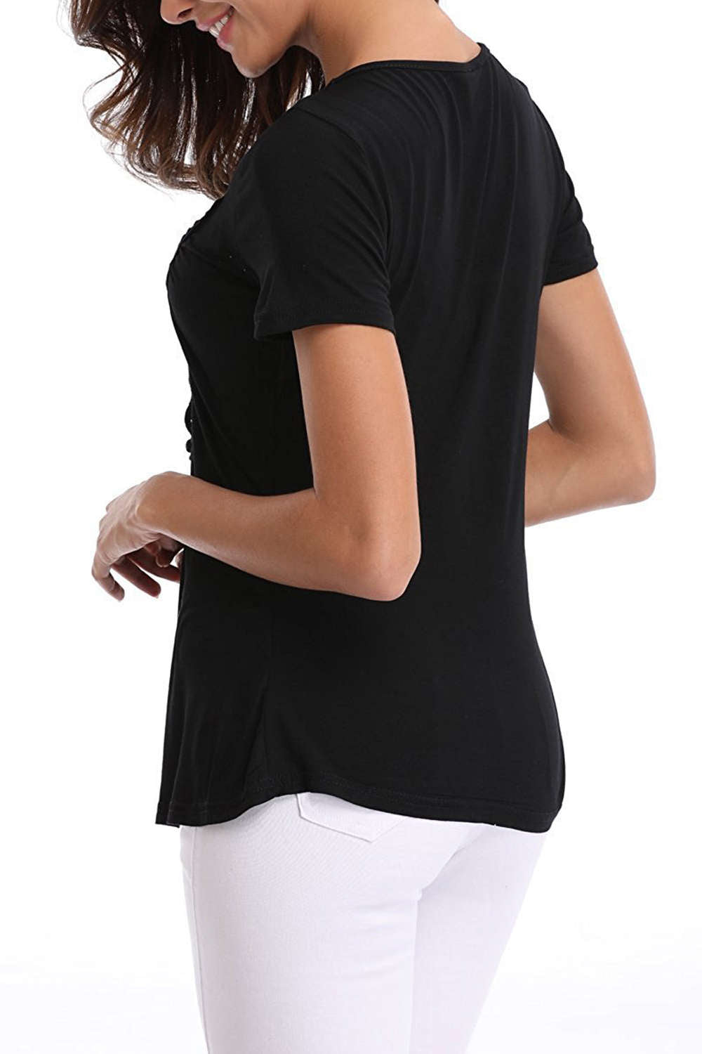 Iyasson Lace Panel V Neck Short Sleeve T Shirt