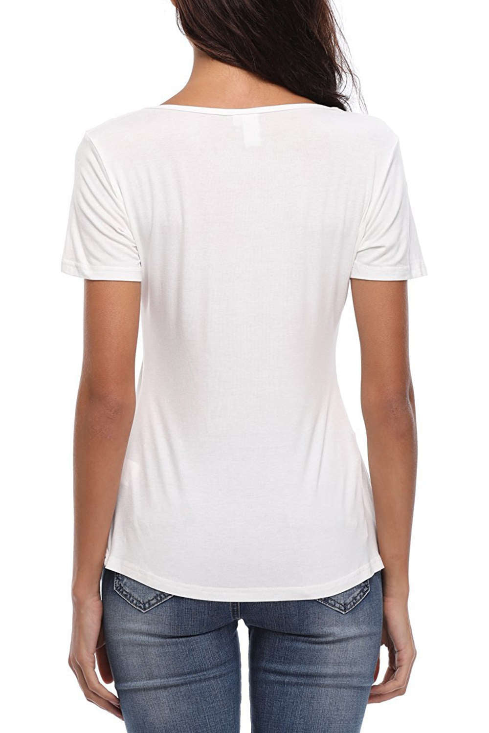 Iyasson Lace Panel V Neck Short Sleeve T Shirt