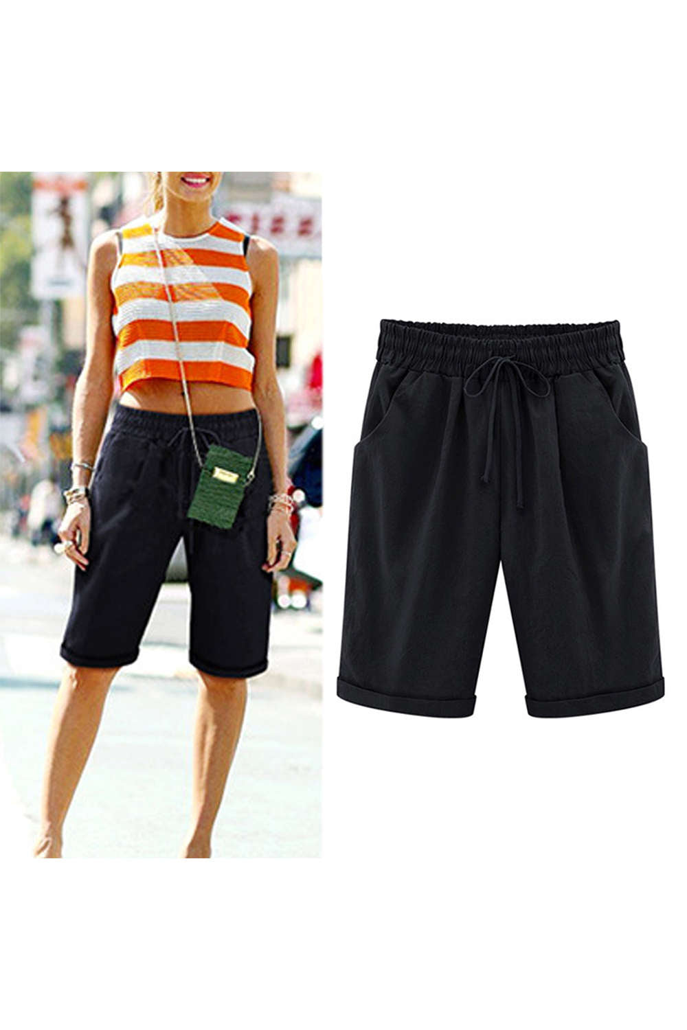 Women's Casual Drawstring Elastic Waist Curling Bermuda Plus Size Shorts