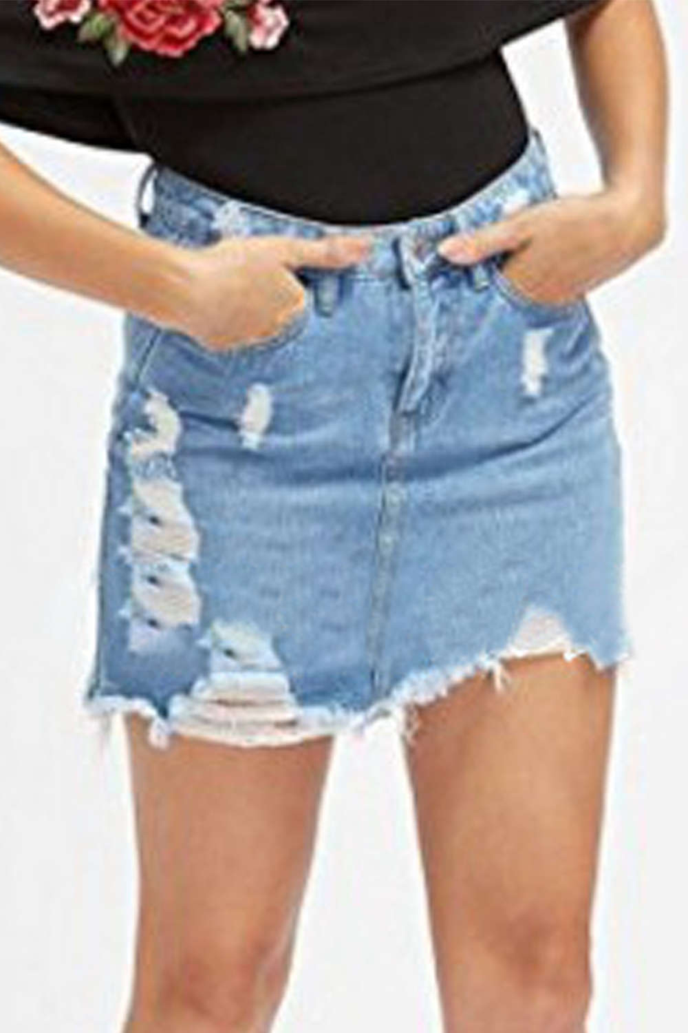 Iyasson Women's Casual Distressed Ripped A-Line Denim Skirt