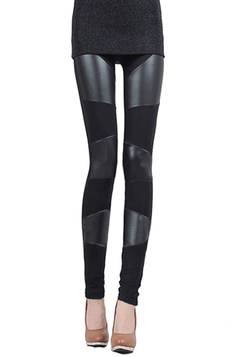 Iyasson Sexy Fashion Women Stitching Stretchy Faux Leather Tight Leggings Pants