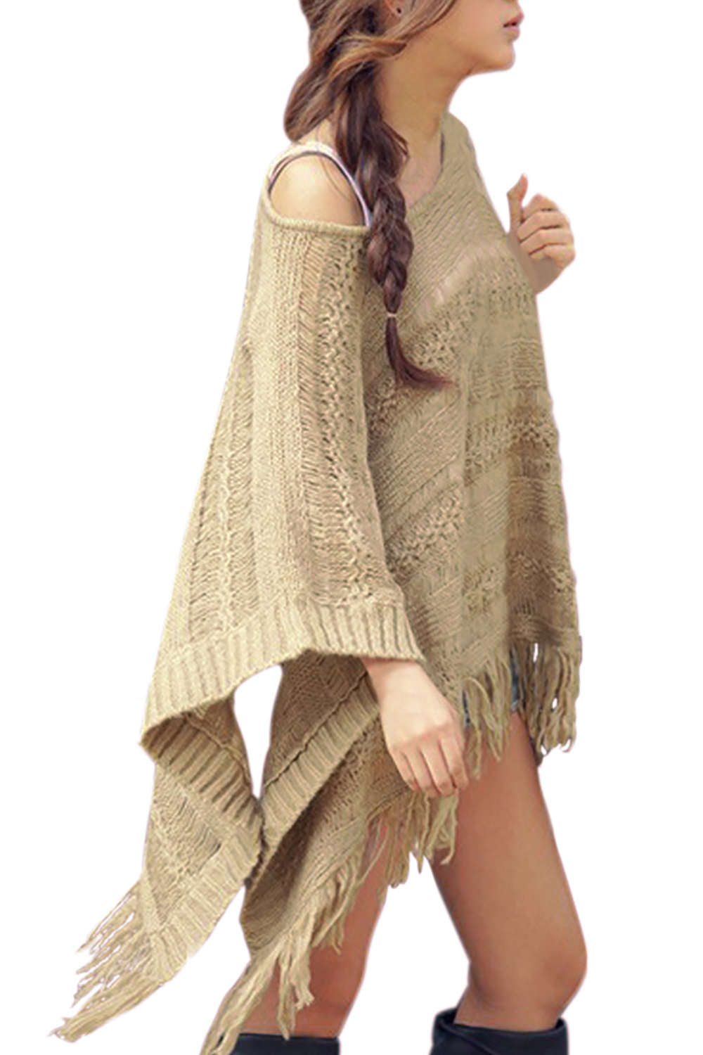 Iyasson Women Fashion Batwing Tassel Cape Poncho Knit Top Sweater