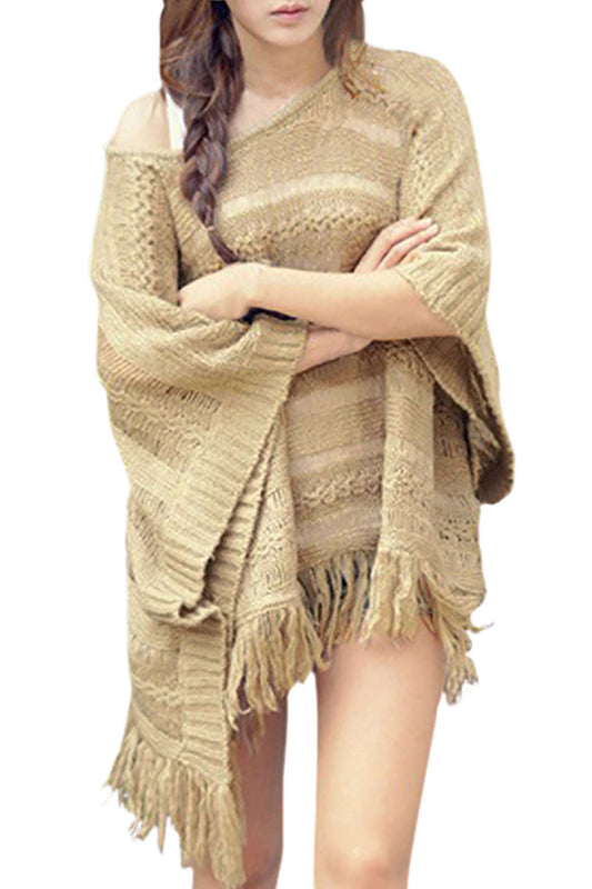 Iyasson Women Fashion Batwing Tassel Cape Poncho Knit Top Sweater