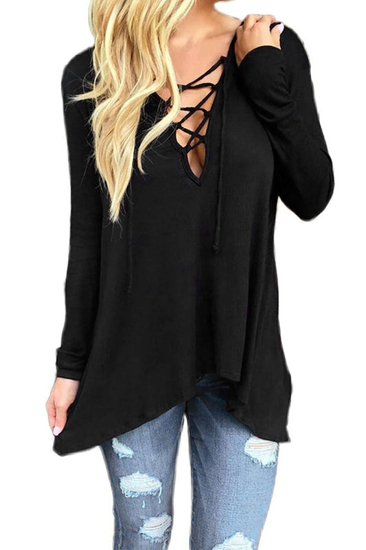 Iyasson Sexy Hollow Irregular V Neck Blouse