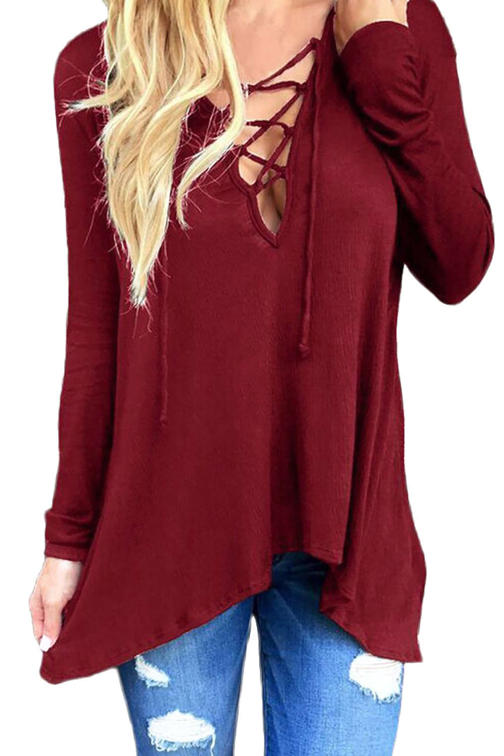 Iyasson Sexy Hollow Irregular V Neck Blouse