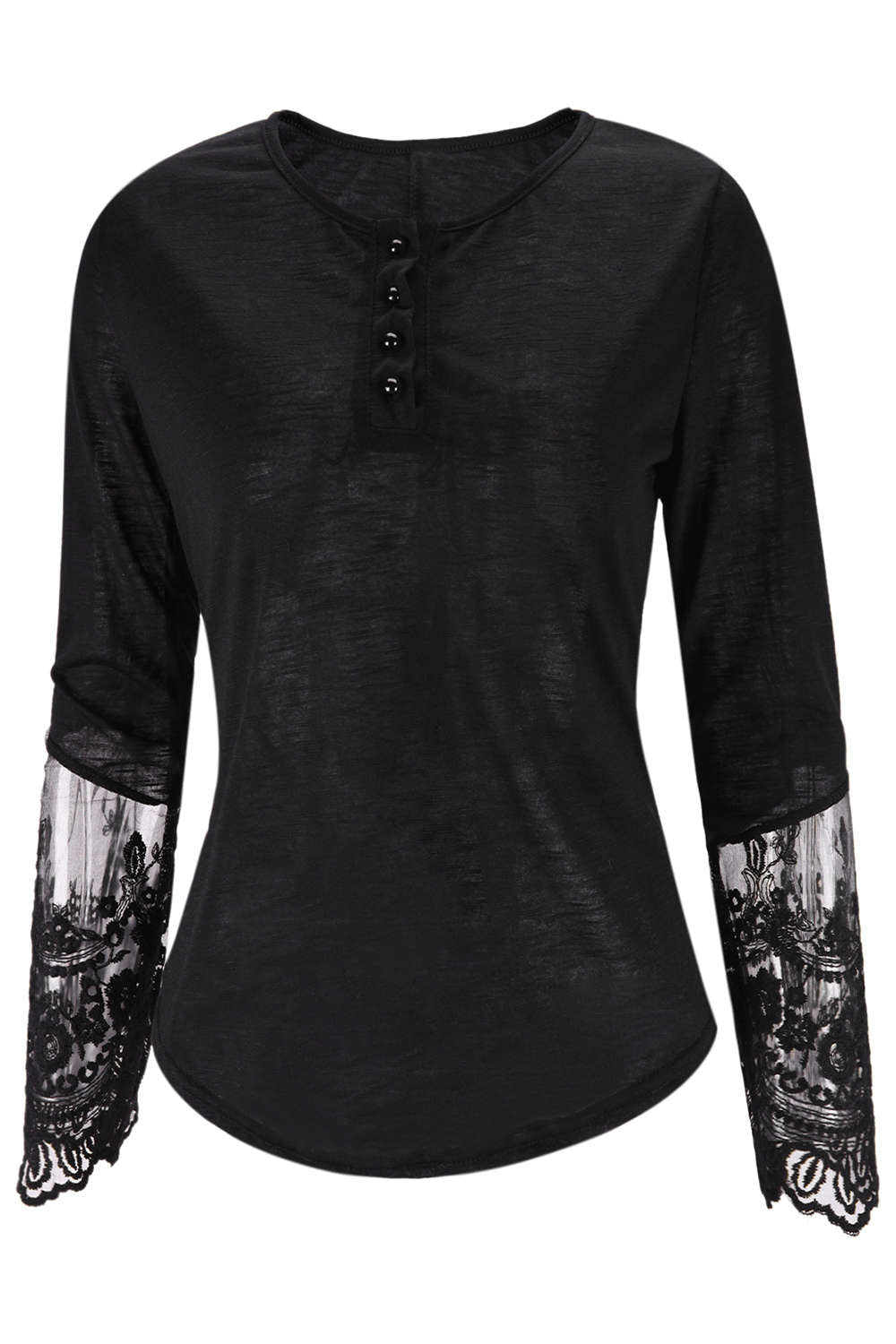 Iyasson Lace Cuff Splicing Scooped Neckline T-shirt Tops