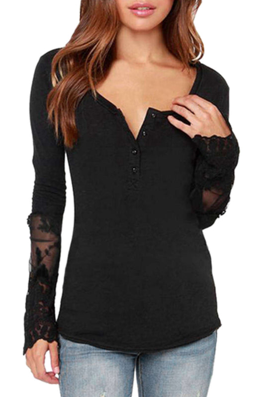 Iyasson Lace Cuff Splicing Scooped Neckline T-shirt Tops