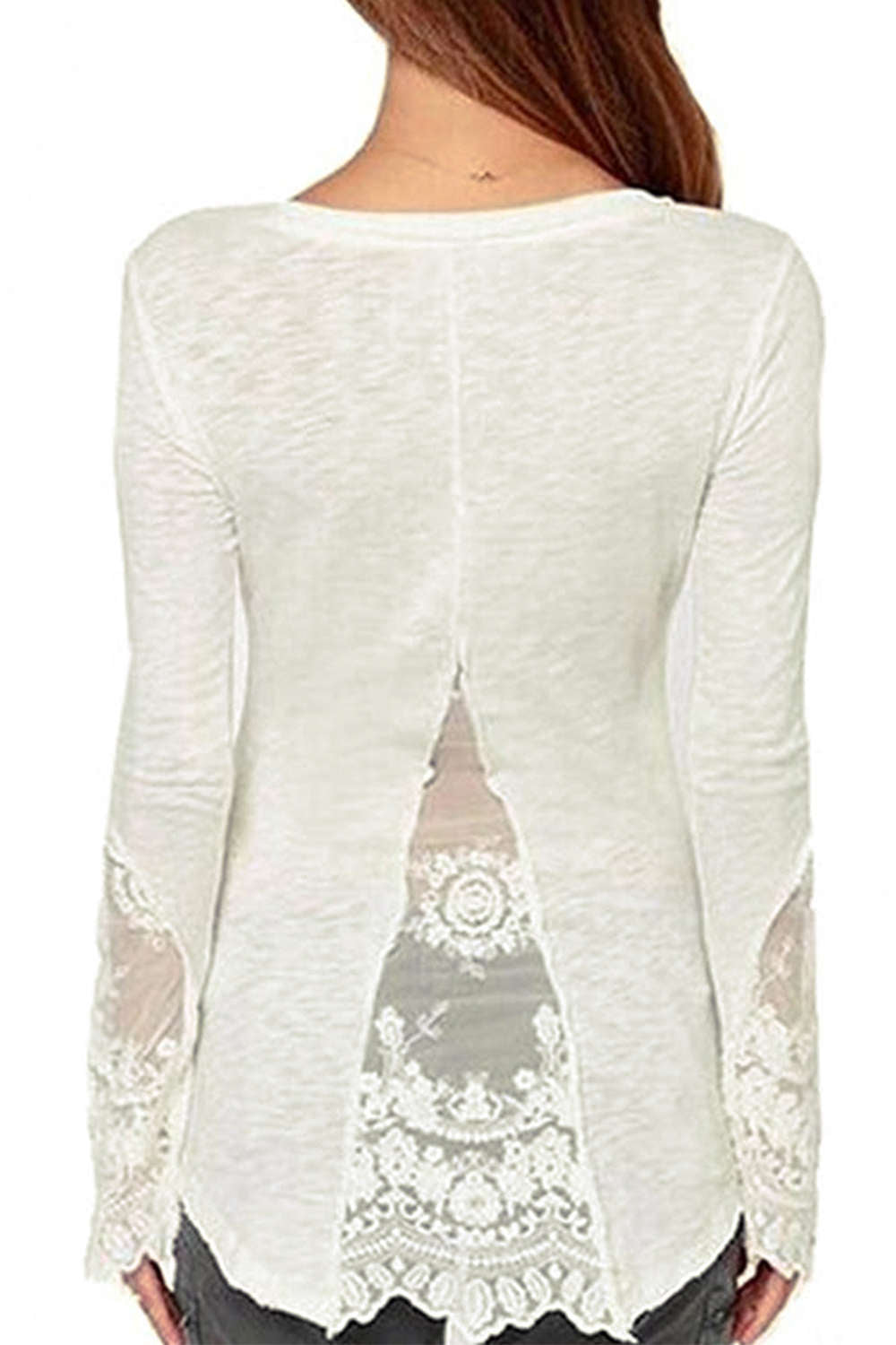 Iyasson Lace Cuff Splicing Scooped Neckline T-shirt Tops