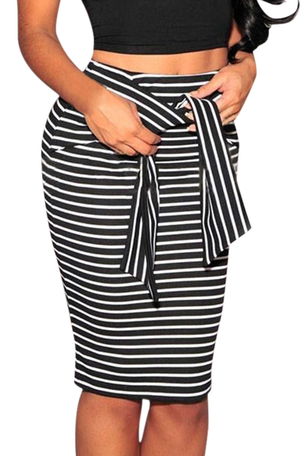 ﻿﻿Iyasson Striped Waist Tied Bodycon Skirt