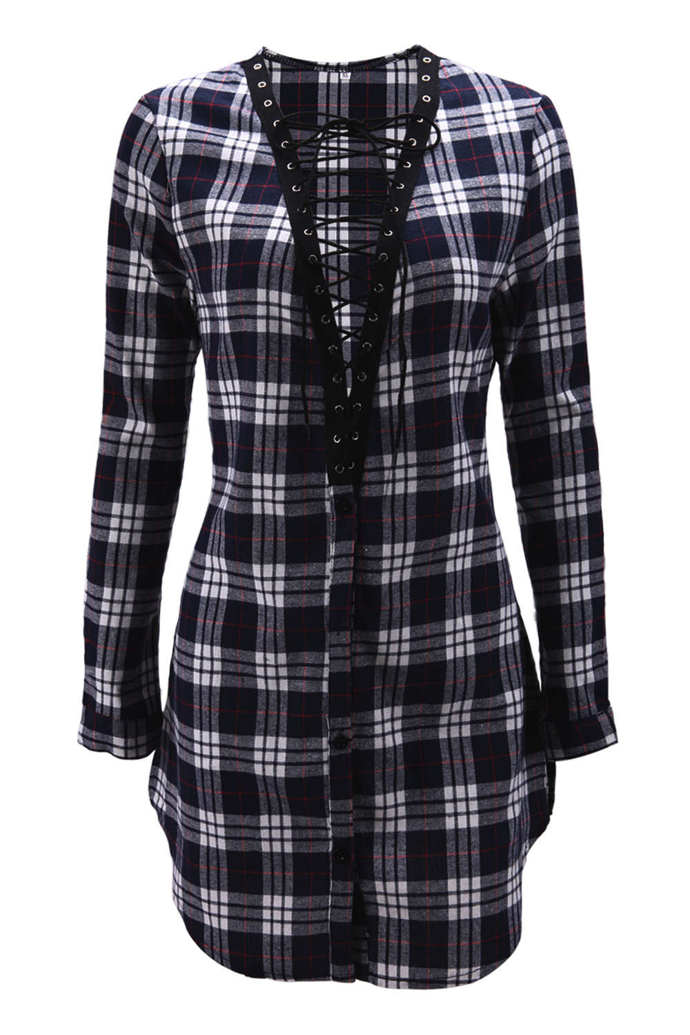 Iyasson Deep V-neck Lace Up Plaid Shirt Dress