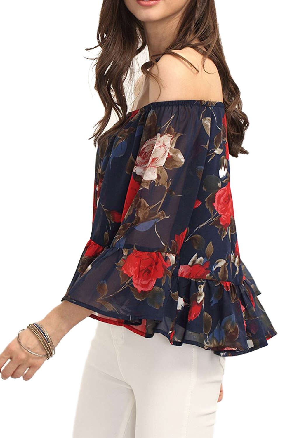 Iyasson Women's Casual Floral Off Shoulder Chiffon Blouse