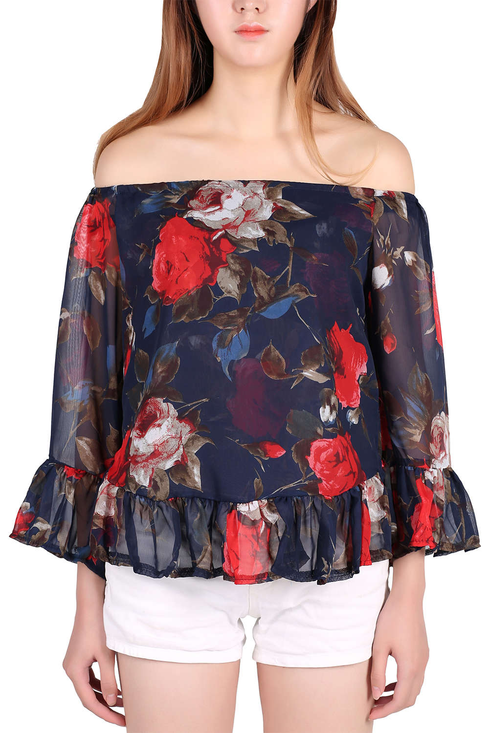 Iyasson Women's Casual Floral Off Shoulder Chiffon Blouse