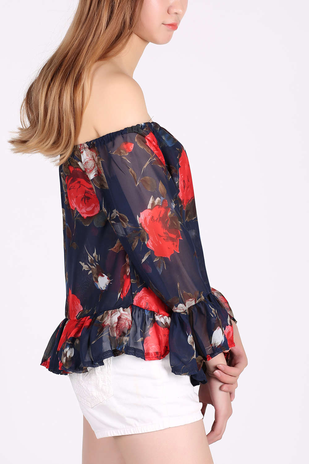 Iyasson Women's Casual Floral Off Shoulder Chiffon Blouse