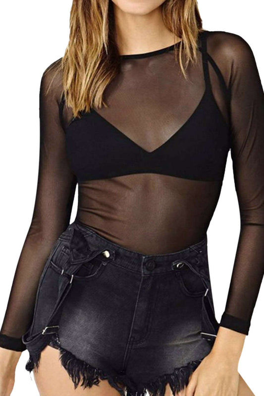 Iyasson Women Sexy Clubwear Mesh Sheer See Through Long Sleeve Blouse