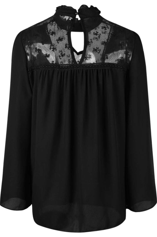 Iyasson Woman Long Sleeve Lace Stitching Chiffon Shirt