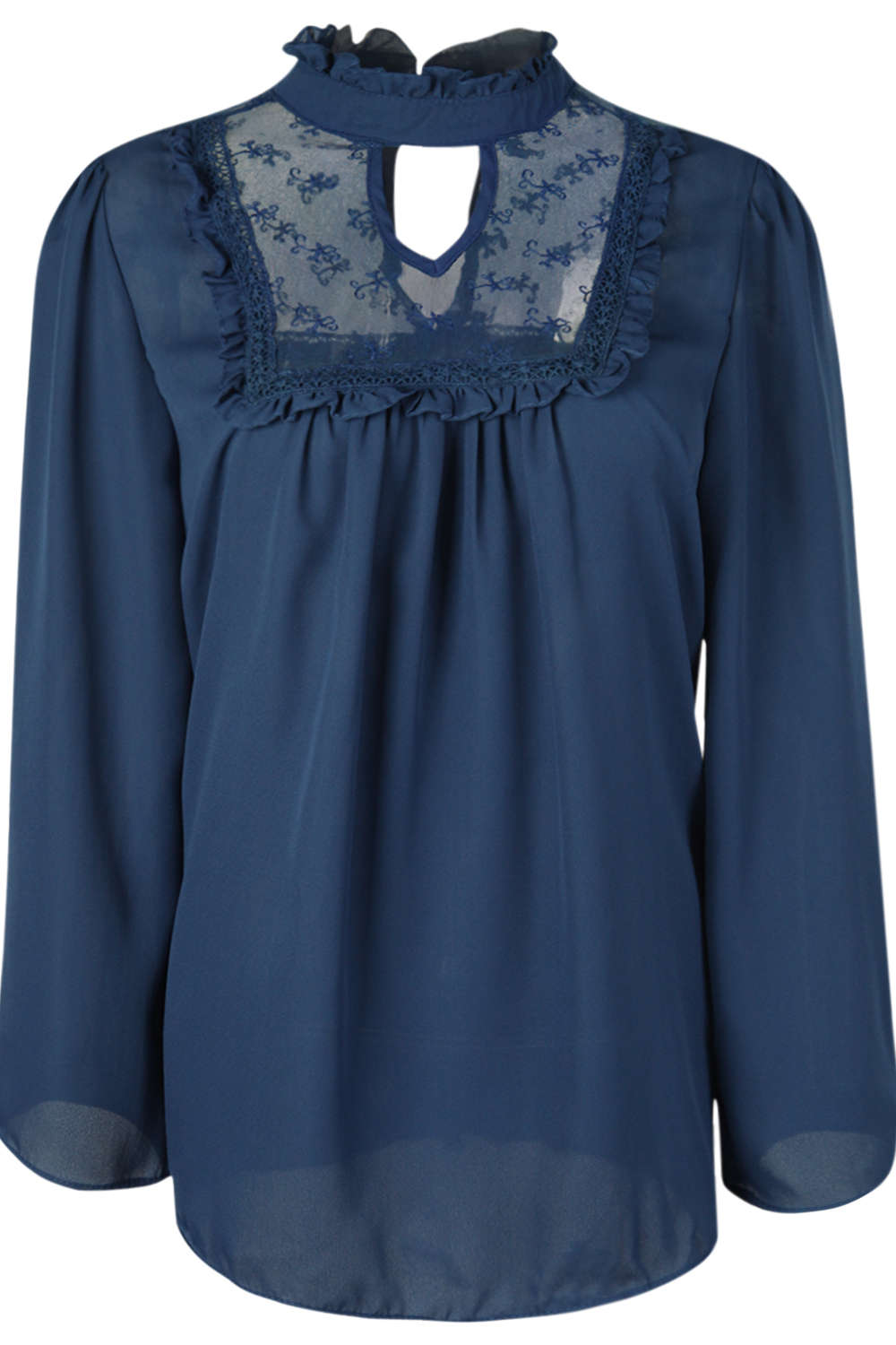 Iyasson Woman Long Sleeve Lace Stitching Chiffon Shirt