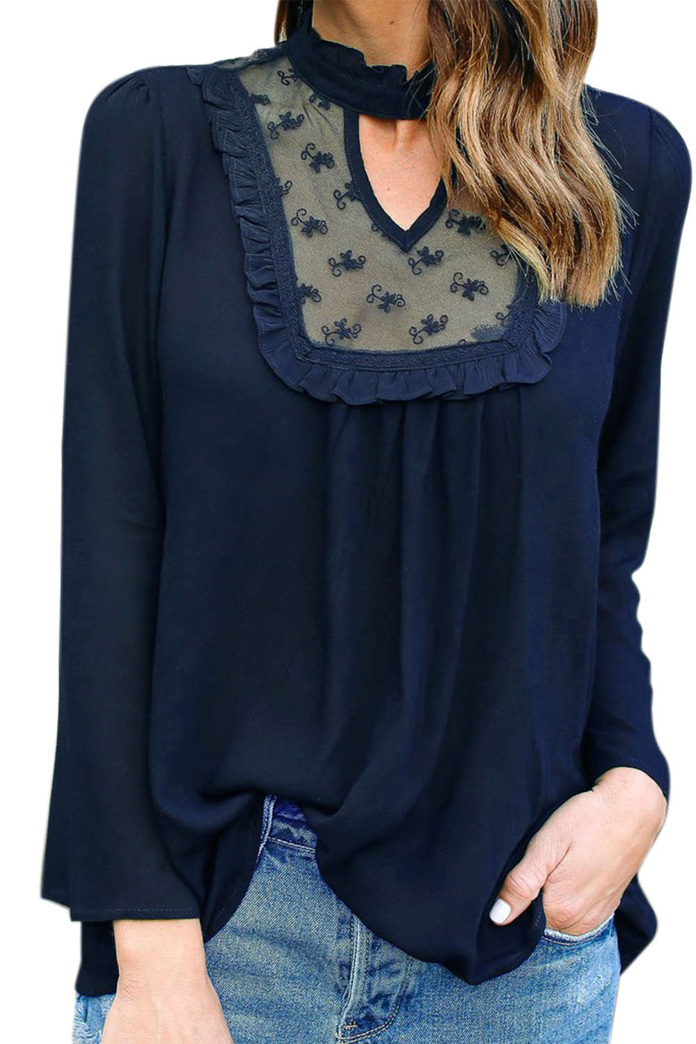 Iyasson Woman Long Sleeve Lace Stitching Chiffon Shirt