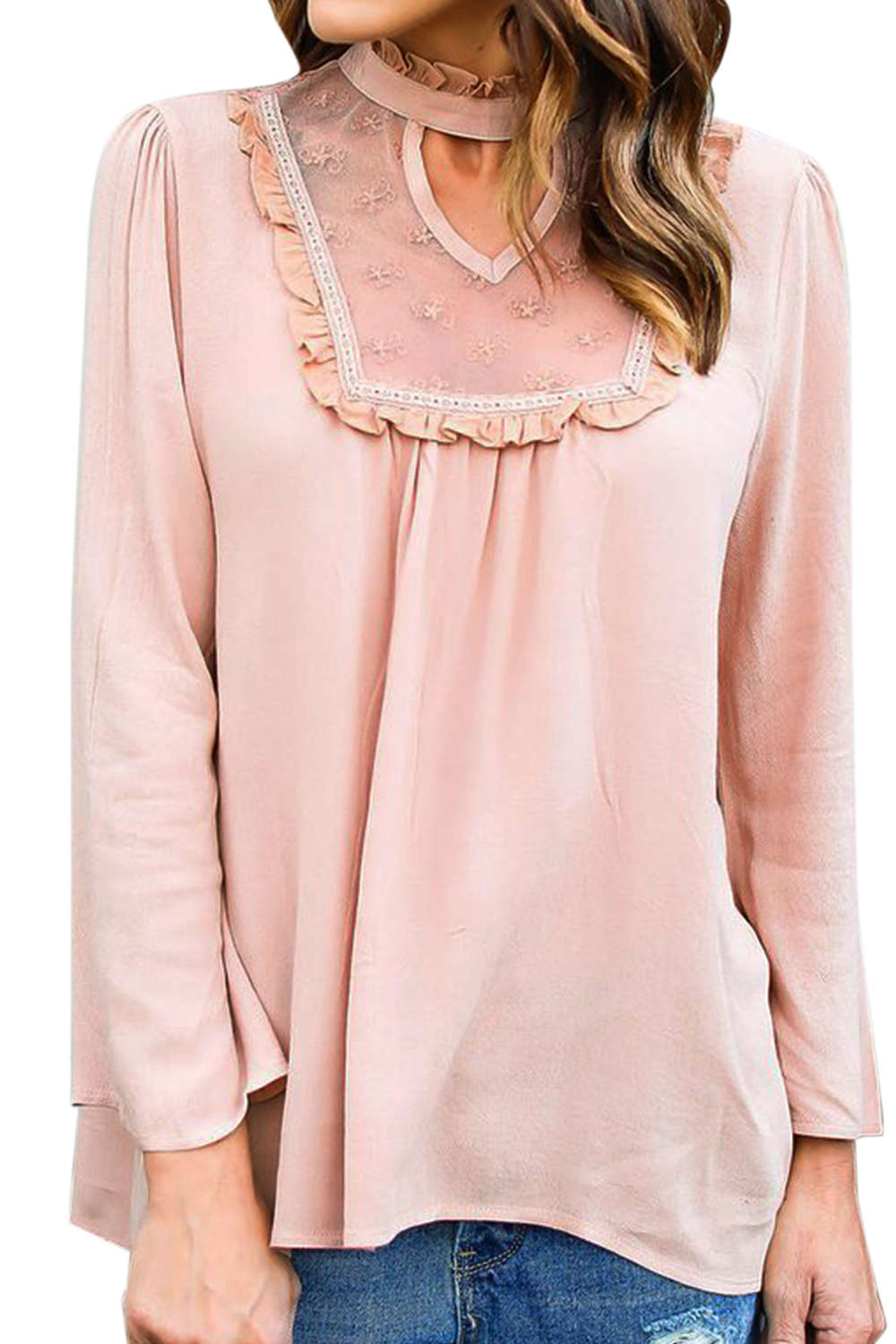 Iyasson Woman Long Sleeve Lace Stitching Chiffon Shirt