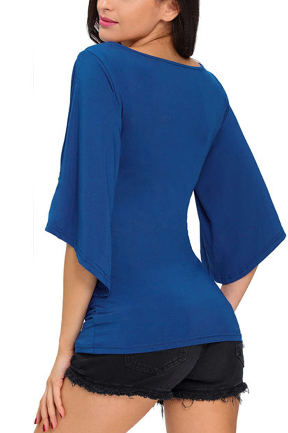Iyasson Women's V Neck Cold Shoulder Trumpet Sleeve Wrap Top T-shirts
