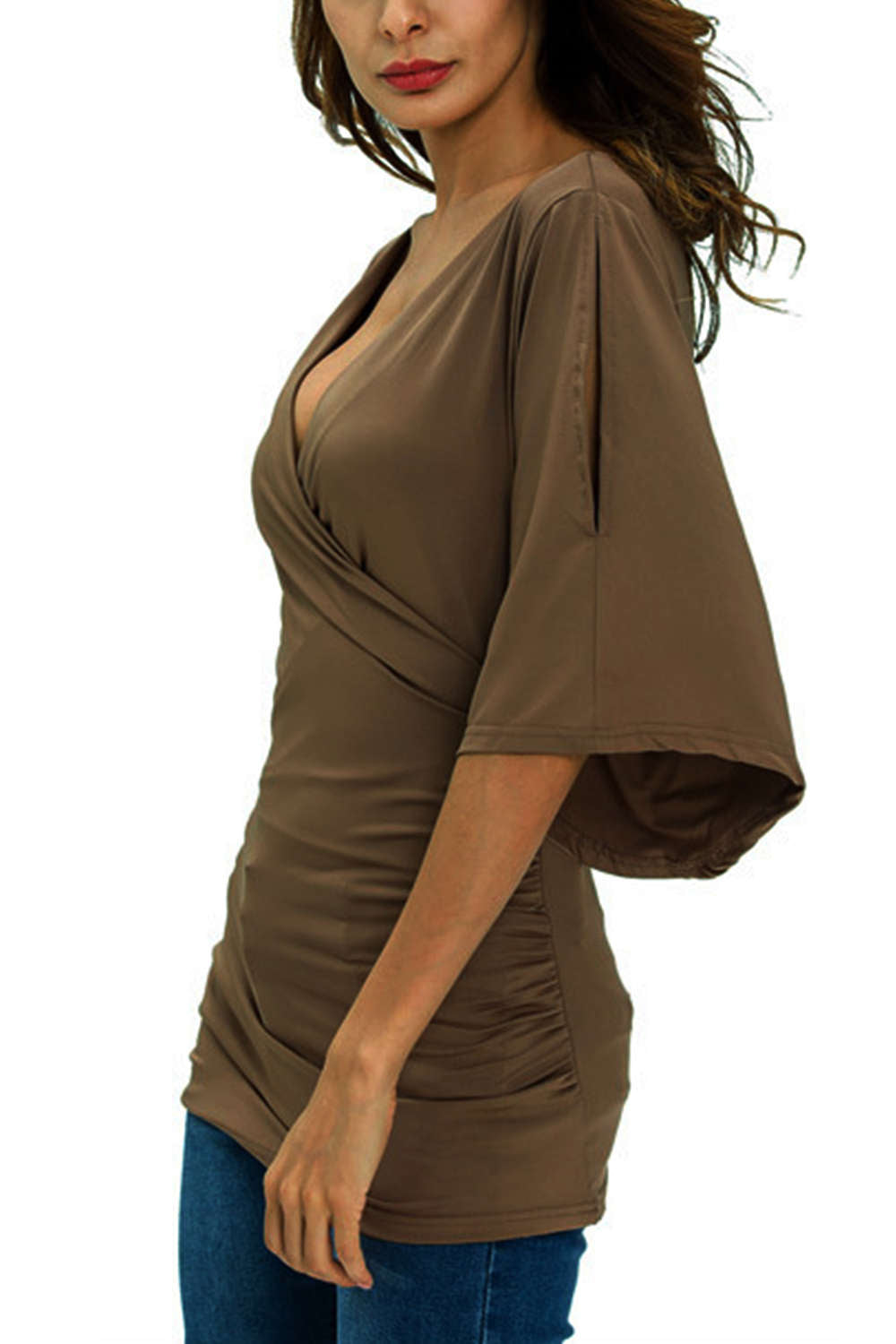 Iyasson Women's V Neck Cold Shoulder Trumpet Sleeve Wrap Top T-shirts