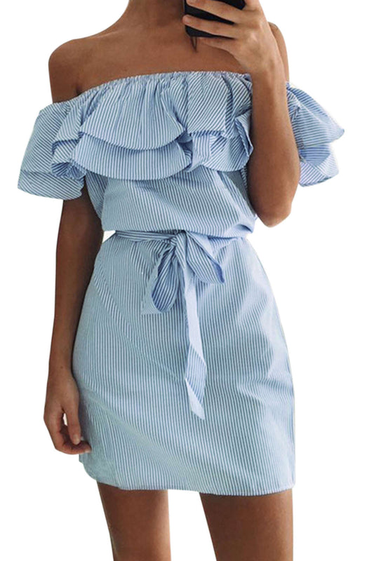 Iyasson Women's Casual Off Shoulder Striped Ruffles Short Dresses