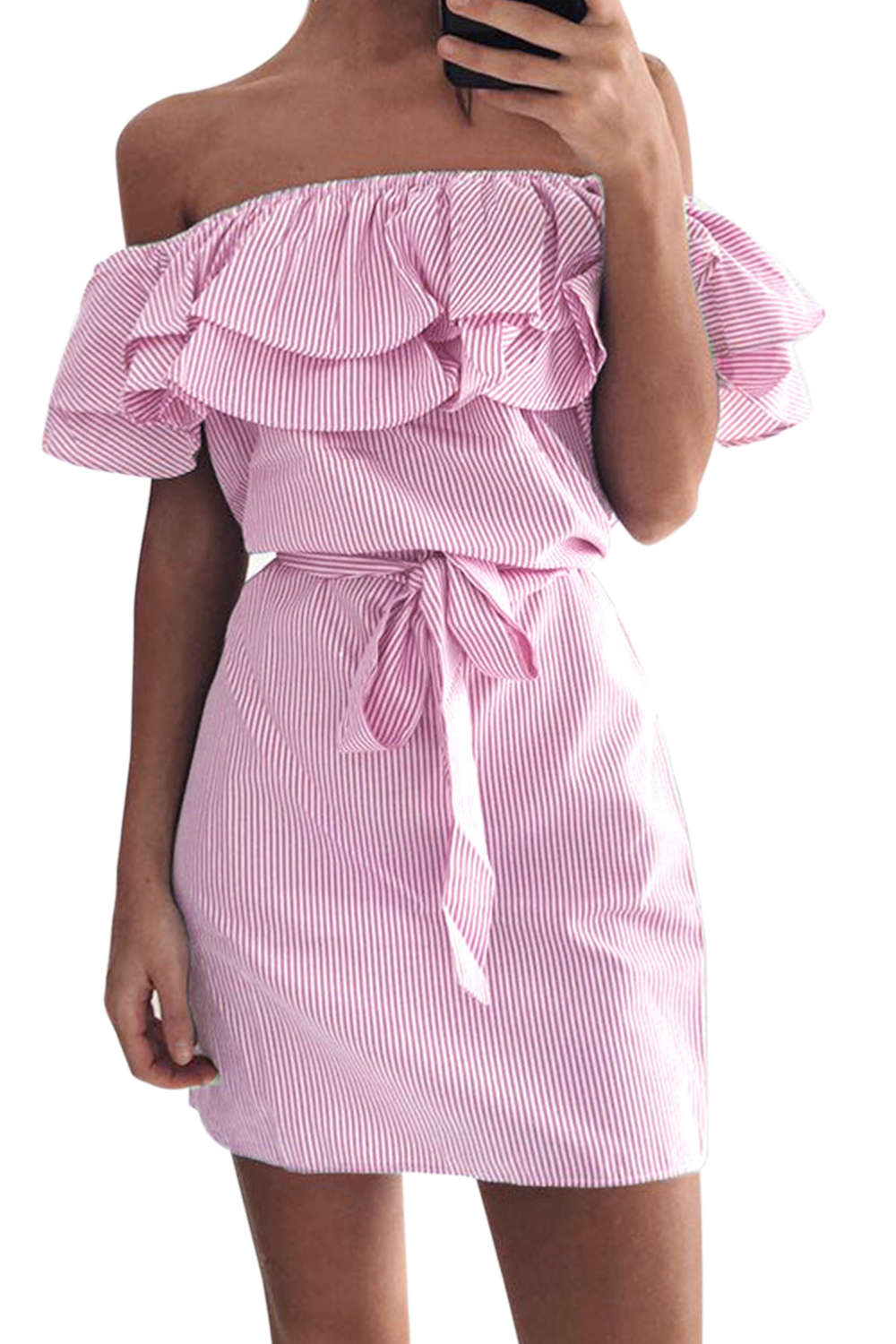 Iyasson Women's Casual Off Shoulder Striped Ruffles Short Dresses