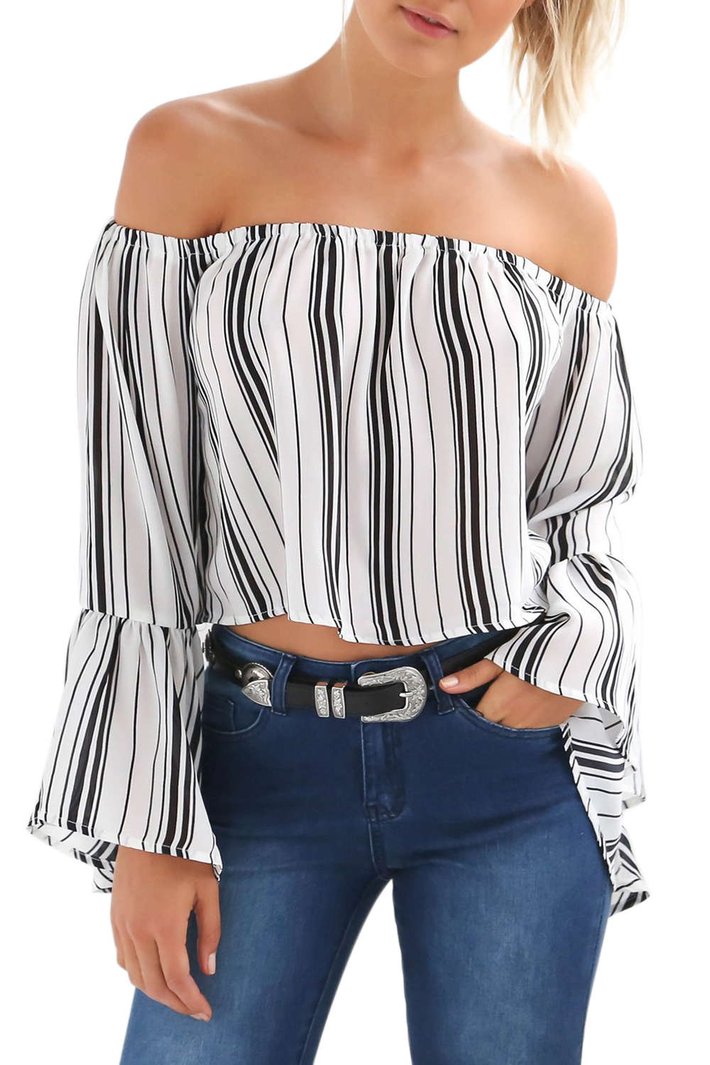 Iyasson Women's Off Shoulder Striped Casual Blouses