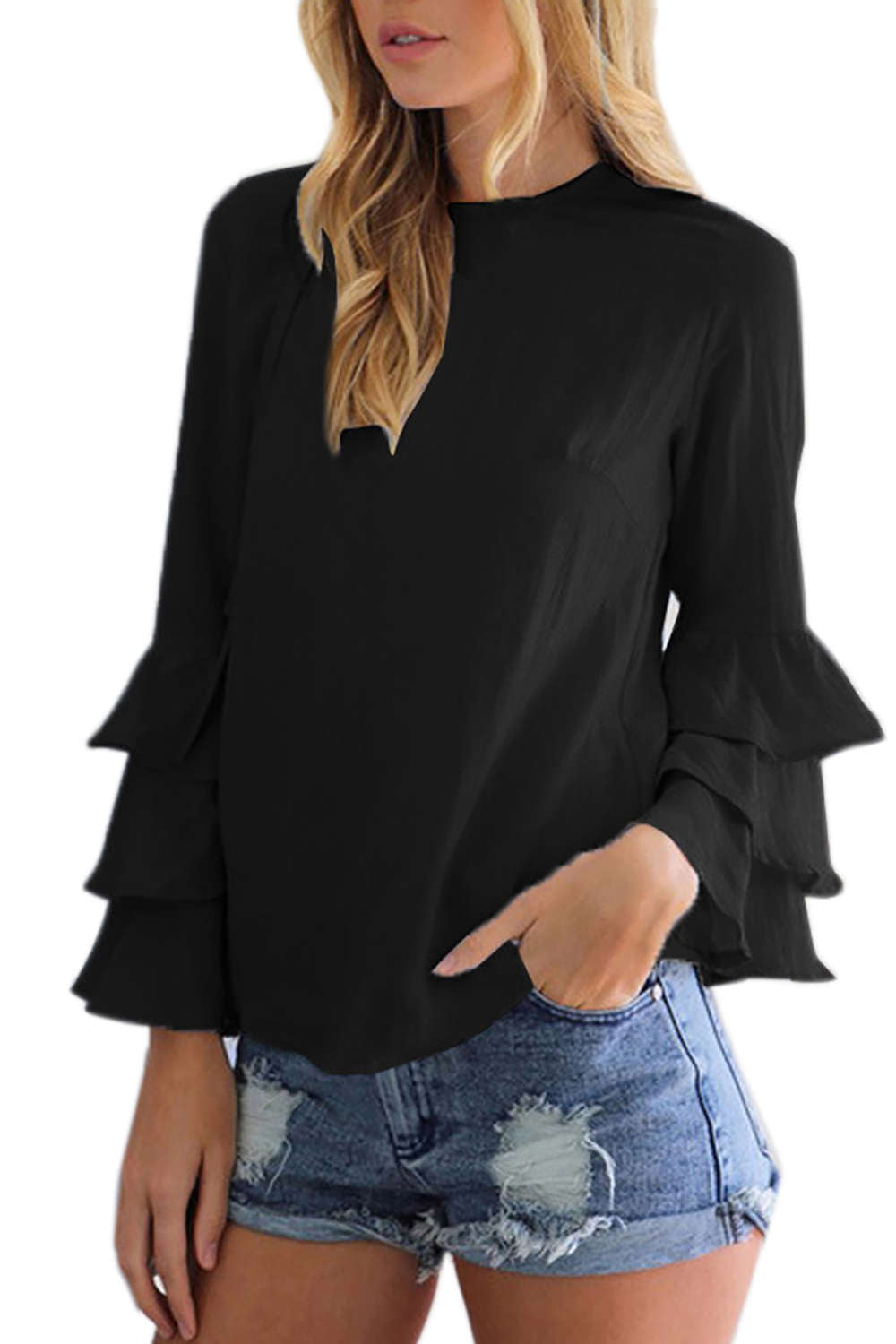 Iyasson Round Neck Bell-Sleeve Blouse Top