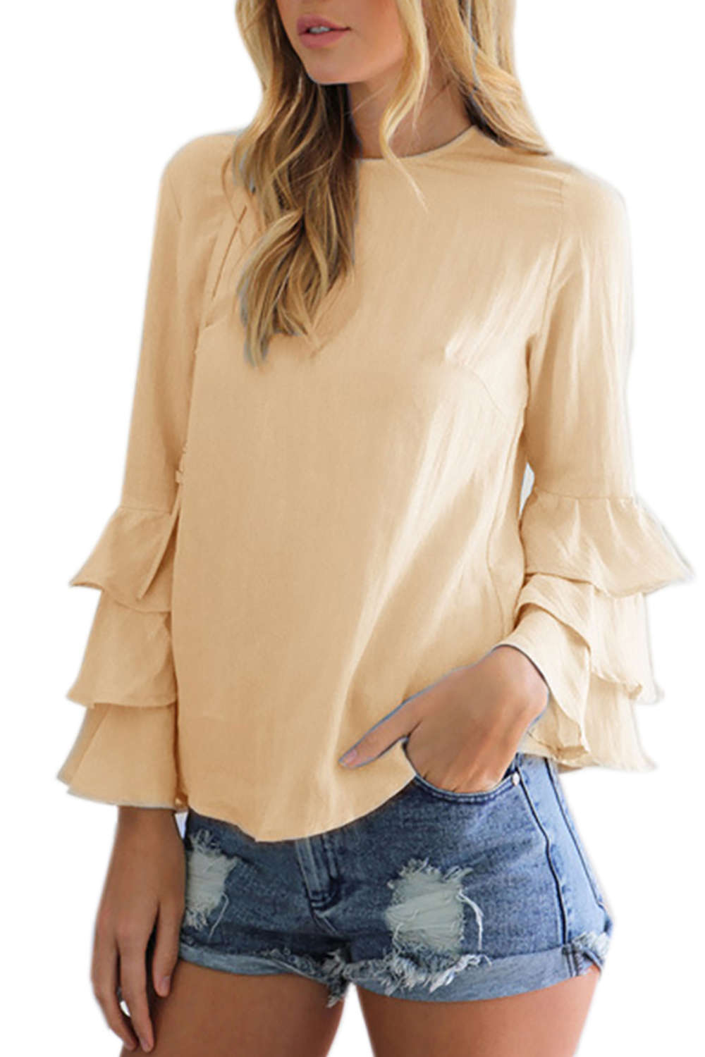 Iyasson Round Neck Bell-Sleeve Blouse Top