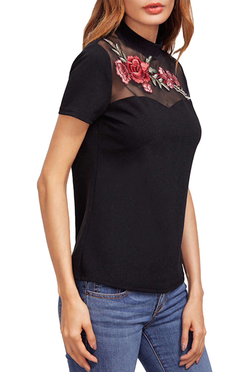 Iyasson Embroidery Mesh Splicing Short Sleeve T-Shirt