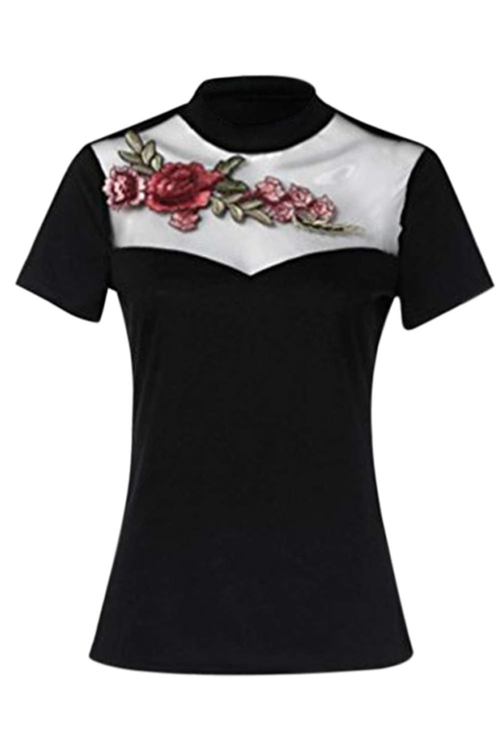 Iyasson Embroidery Mesh Splicing Short Sleeve T-Shirt