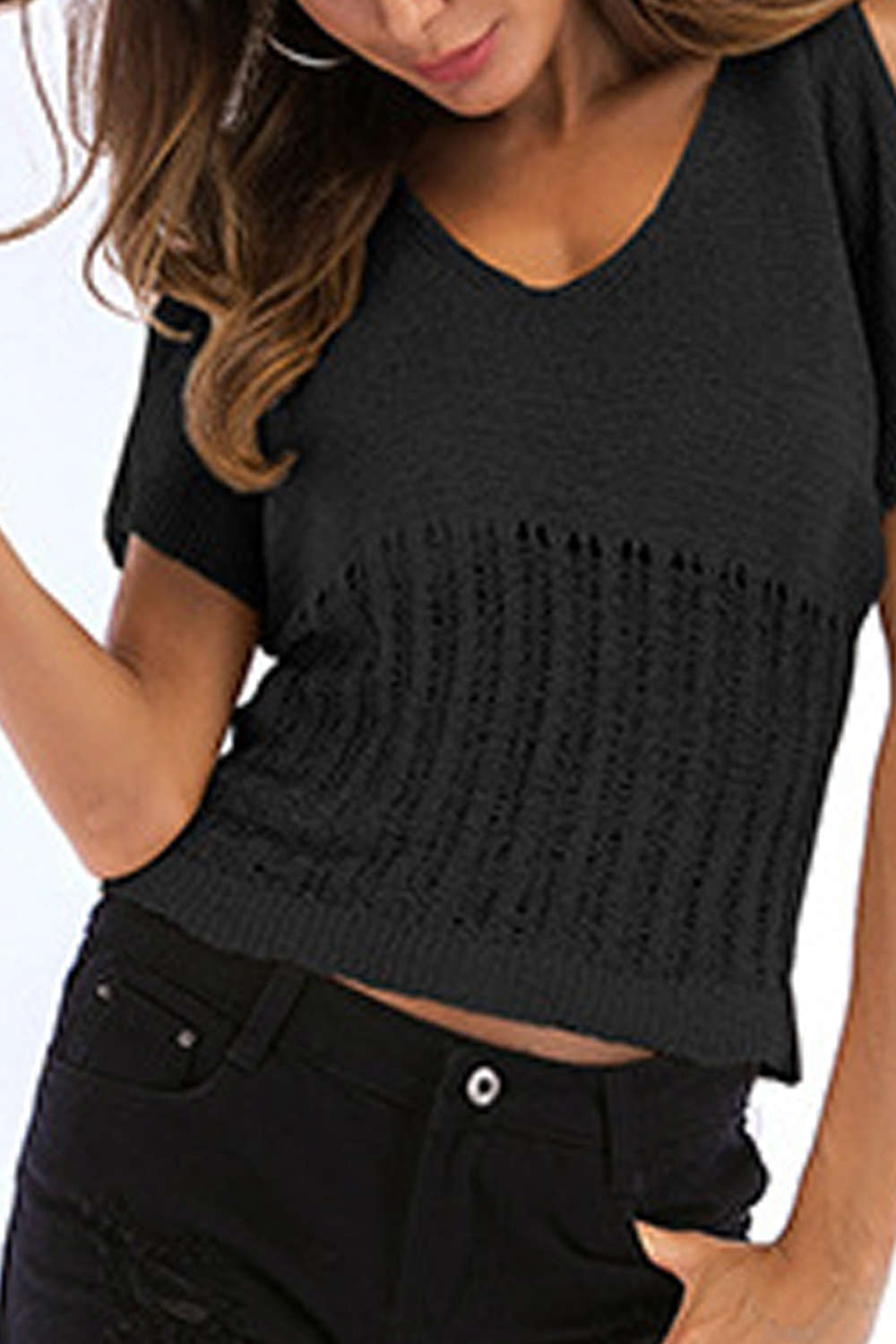 Iyasson Cold shoulder V-neck Hollow-out Knitted Tops