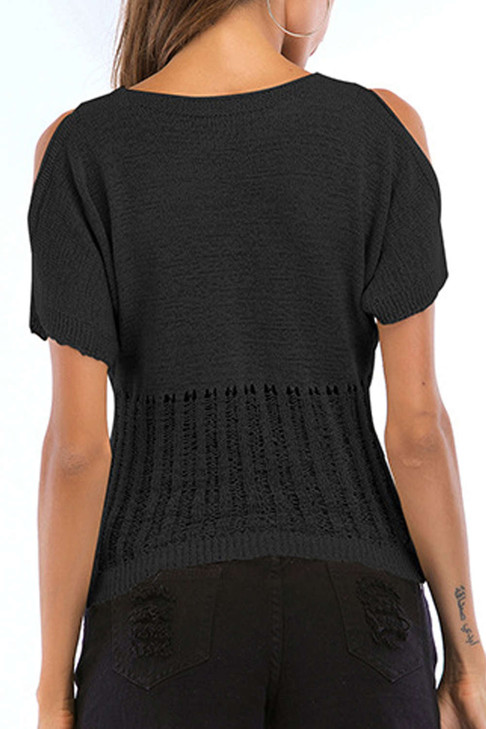 Iyasson Cold shoulder V-neck Hollow-out Knitted Tops