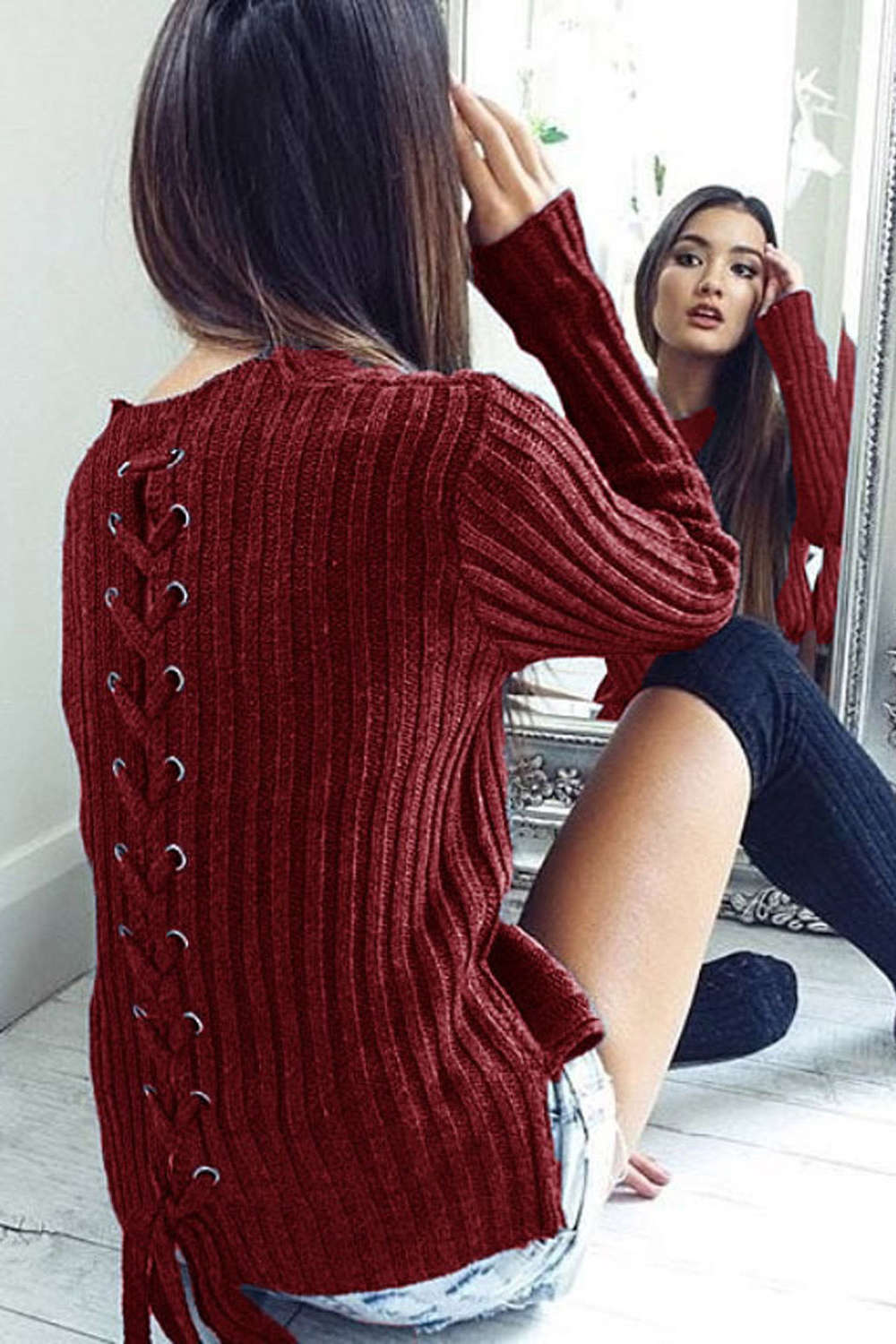 Iyasson Women's Knitted Back Lace Up Slim Sweater