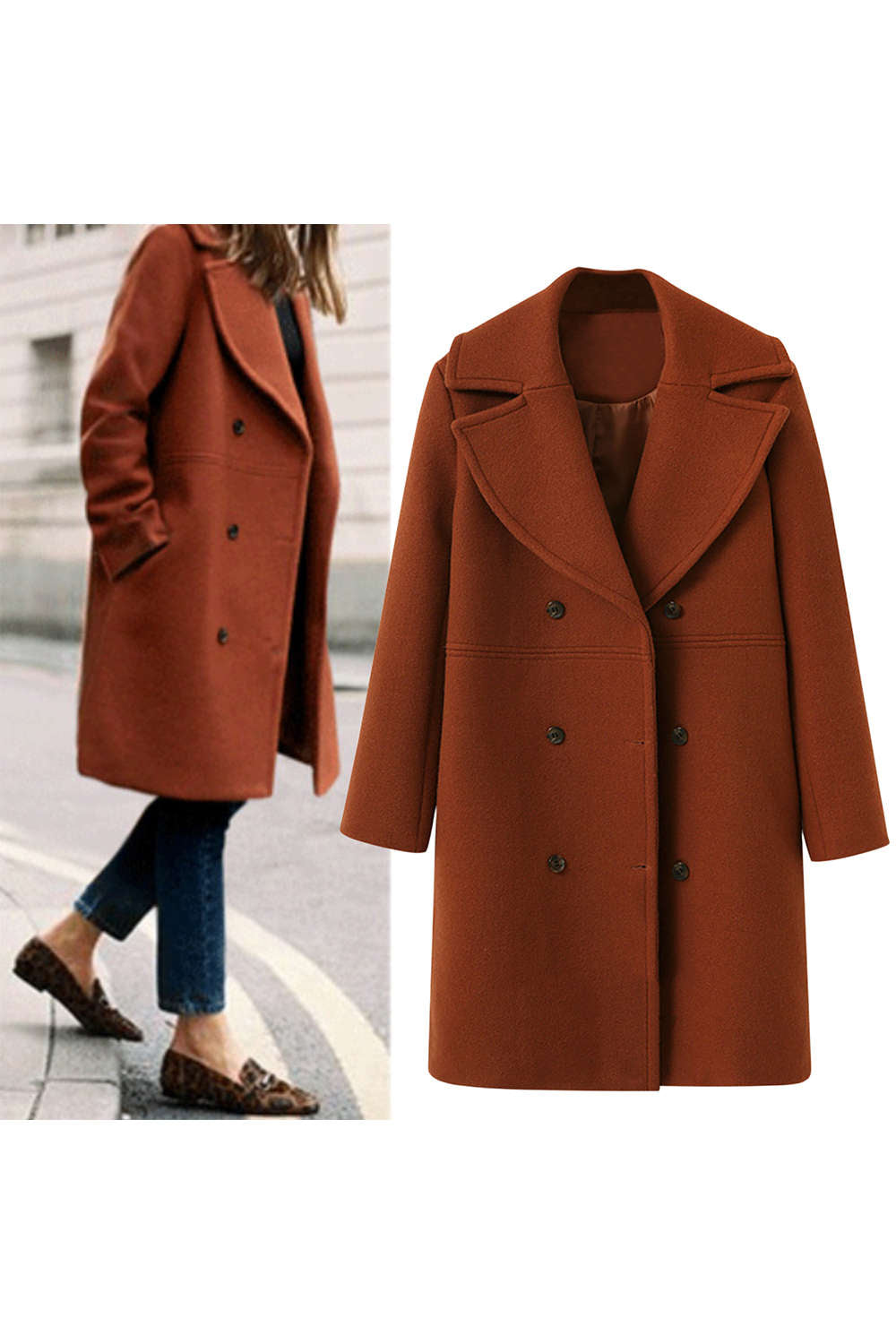 Iyasson Solid Lapel Long Woolen Coat