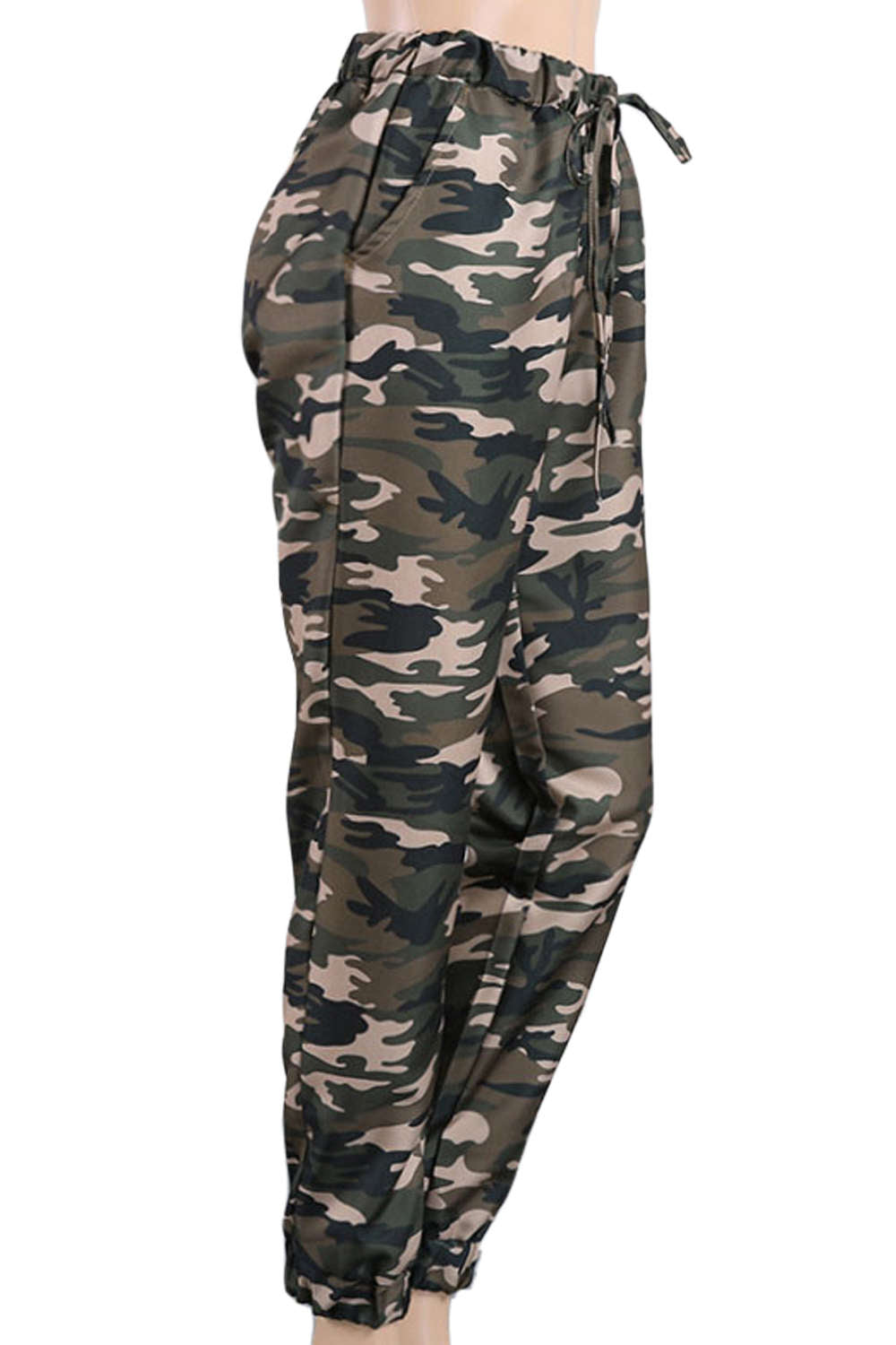 Iyasson Camo Elastic Waist Tied Casual Pants 