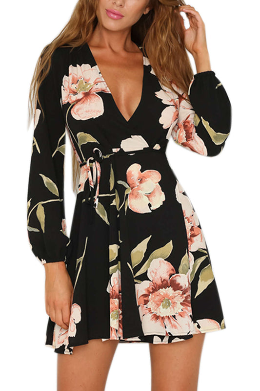 Iyasson Black Floral Printing Wrap Dress