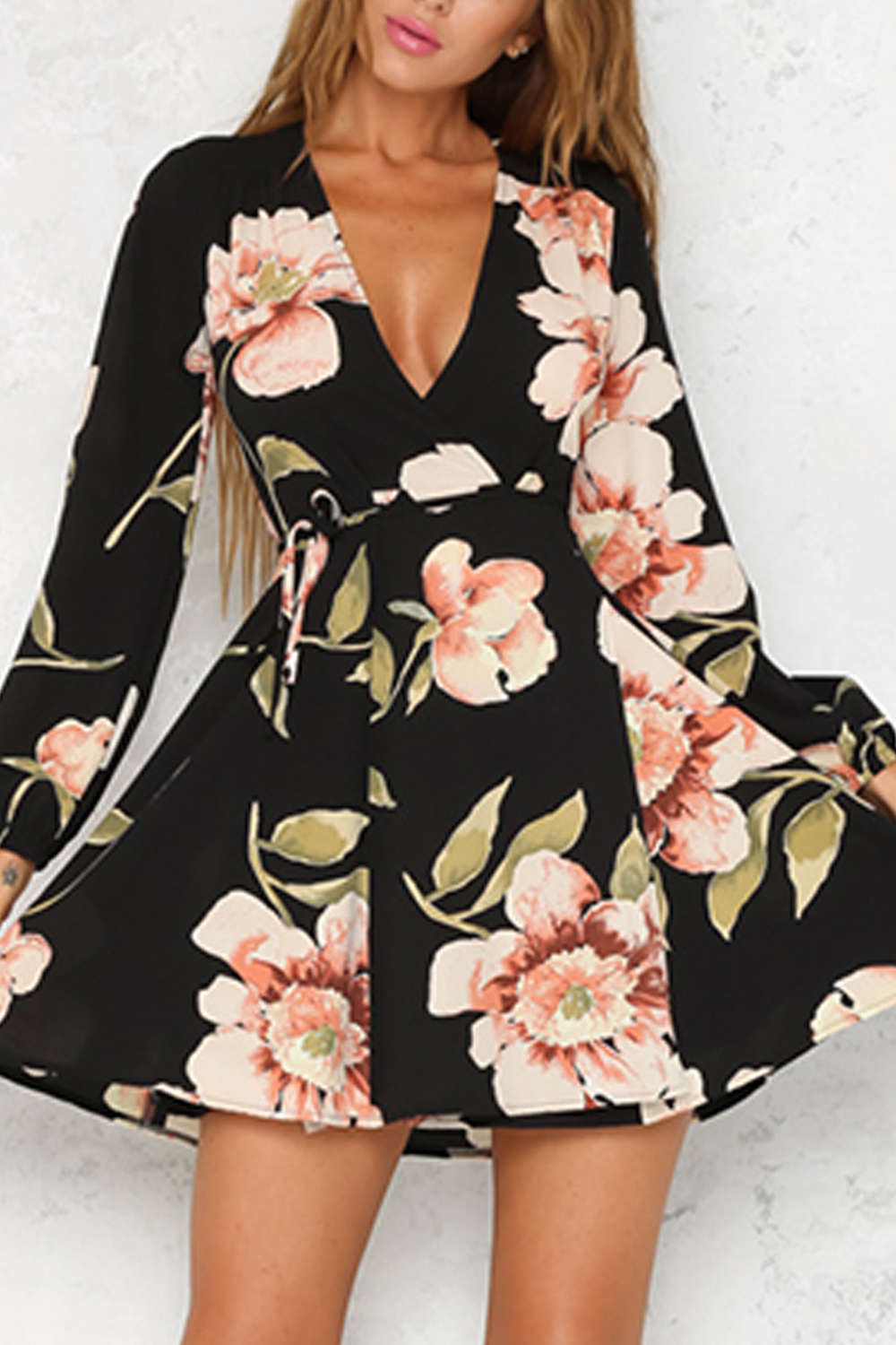 Iyasson Black Floral Printing Wrap Dress