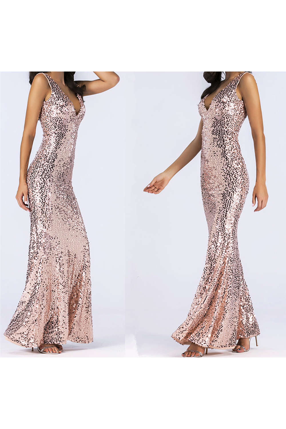 Iyasson Golden Deep V Neck Sequined Gown